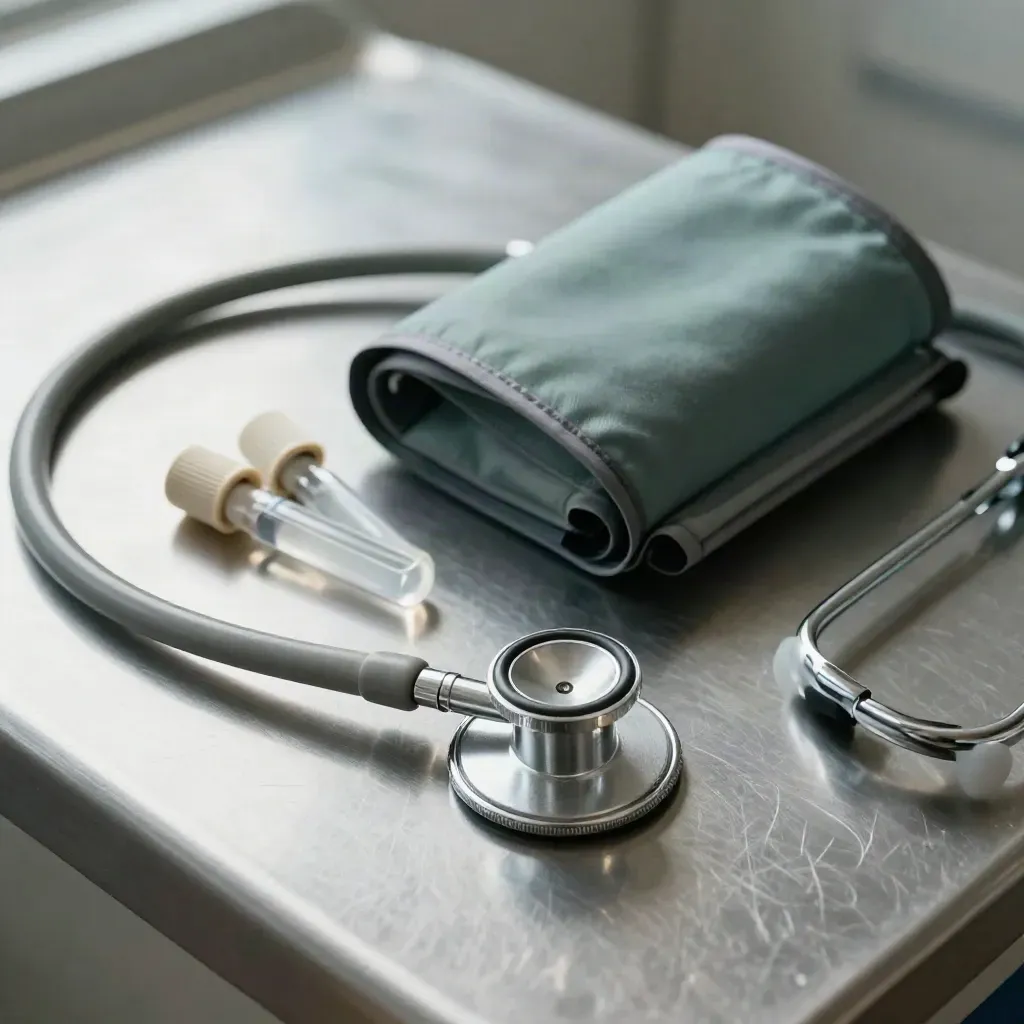 Stethoscope, specimen tubes, and a blood-pressure cuff on a clinic bench in moody macro.