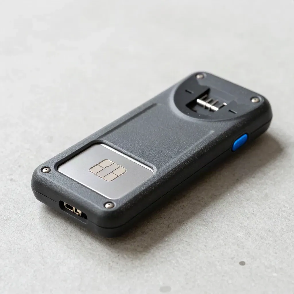 Rugged handset backplate, SIM tray, and pogo-pin dock on pale concrete in hard skimming light.