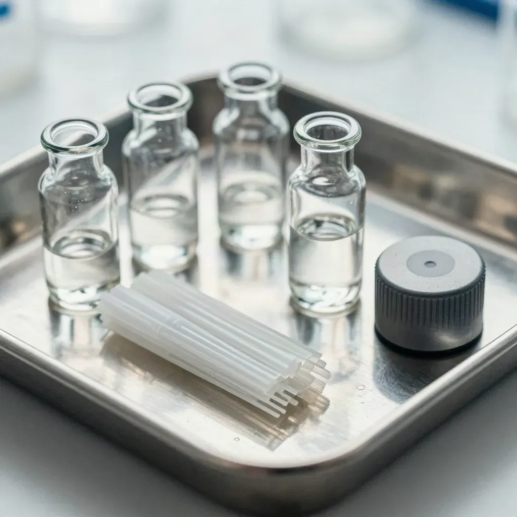 Macro lab still life with vials, pipette tips, and a slate metal cap on a tray