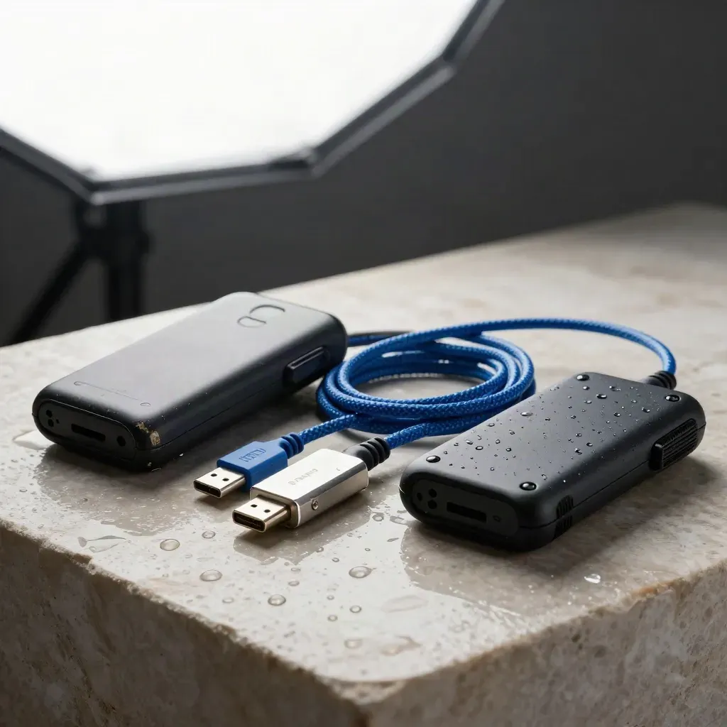 Rugged mobile diagnostics kit with handset backs, blue cable, dongle and probe case on wet pale stone.
