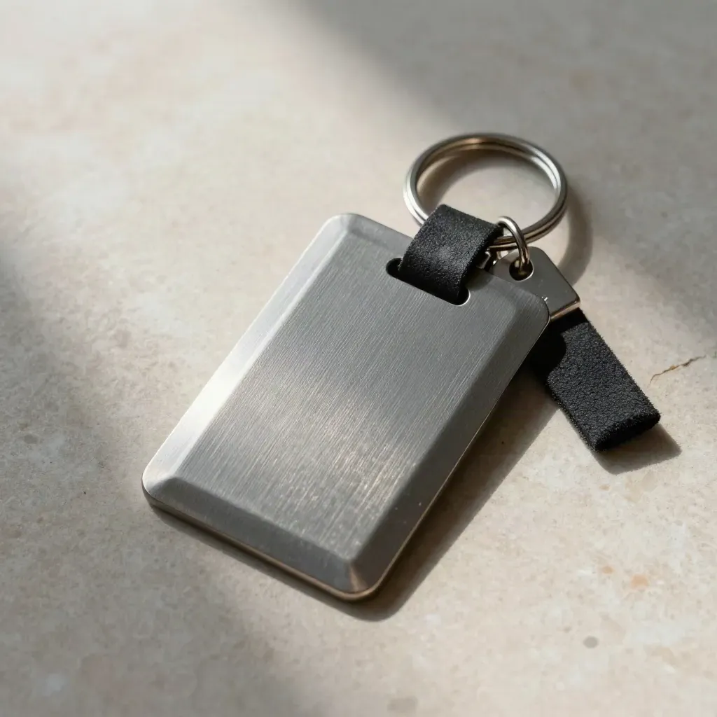Flat-lay of a steel token, card sleeve, and key ring on brushed metal