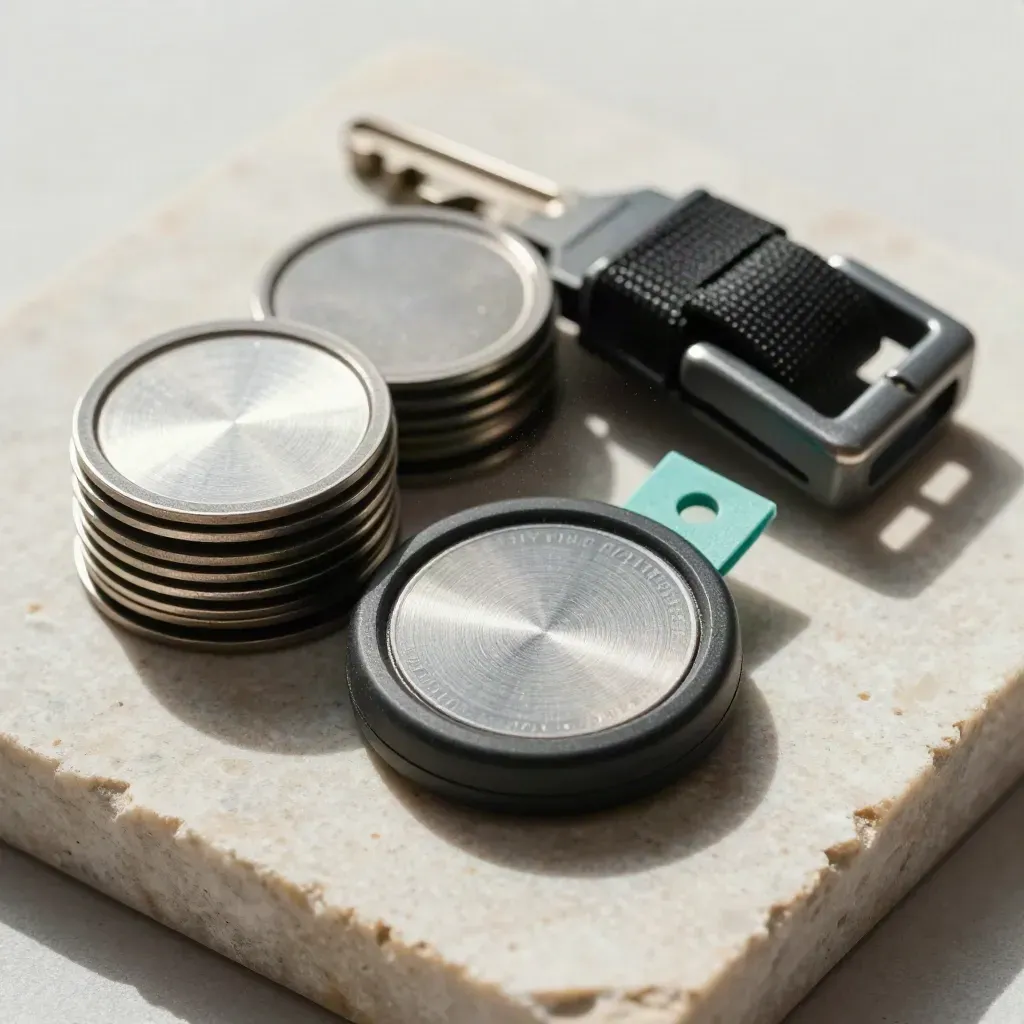 RFID puck, inventory discs, and a parcel buckle on pale stone with muted teal accents.