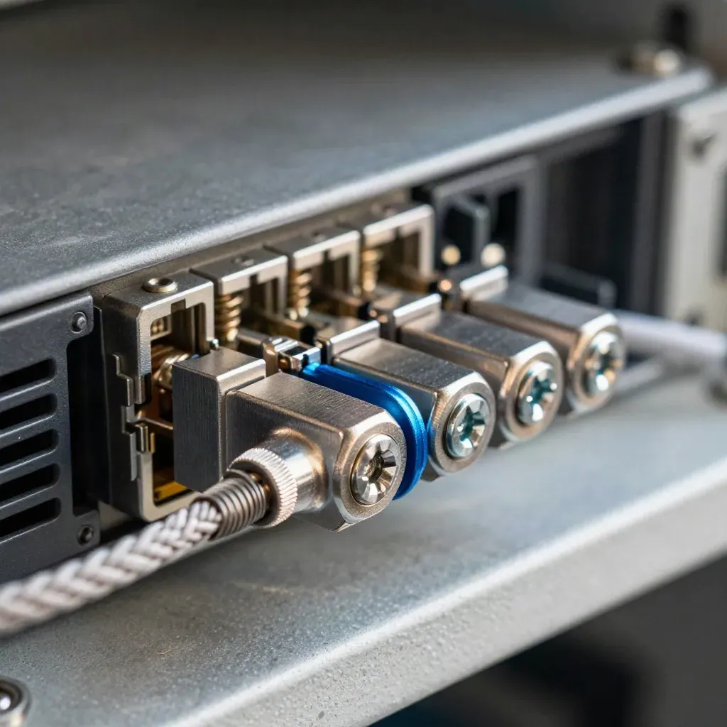 Macro of server rail clips, braided network lead, and thumb screws on graphite metal.