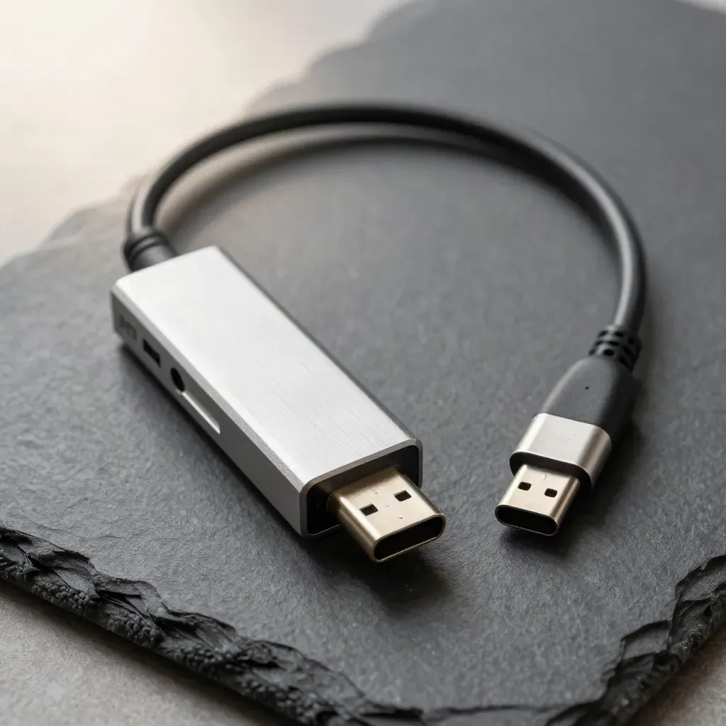 USB-C analyzer dongle with braided lead and probe clips on graphite stone
