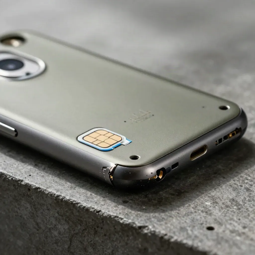 Scarred handset chassis with bumper and bent SIM tray on dark concrete.