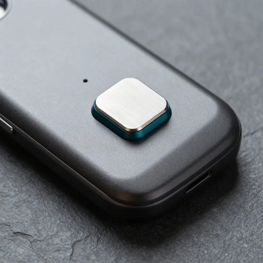 Macro of a rugged handset backplate, charging cradle and magnetic puck on slate stone.