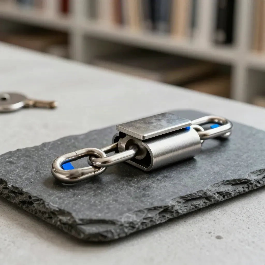Security seals, chain ring, and archive clasp on graphite stone with blue accent.