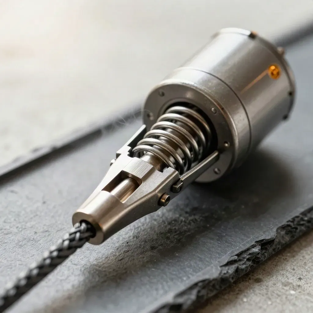 Macro of a relay switch, beacon housing, and braided cable on concrete with metallic haze.