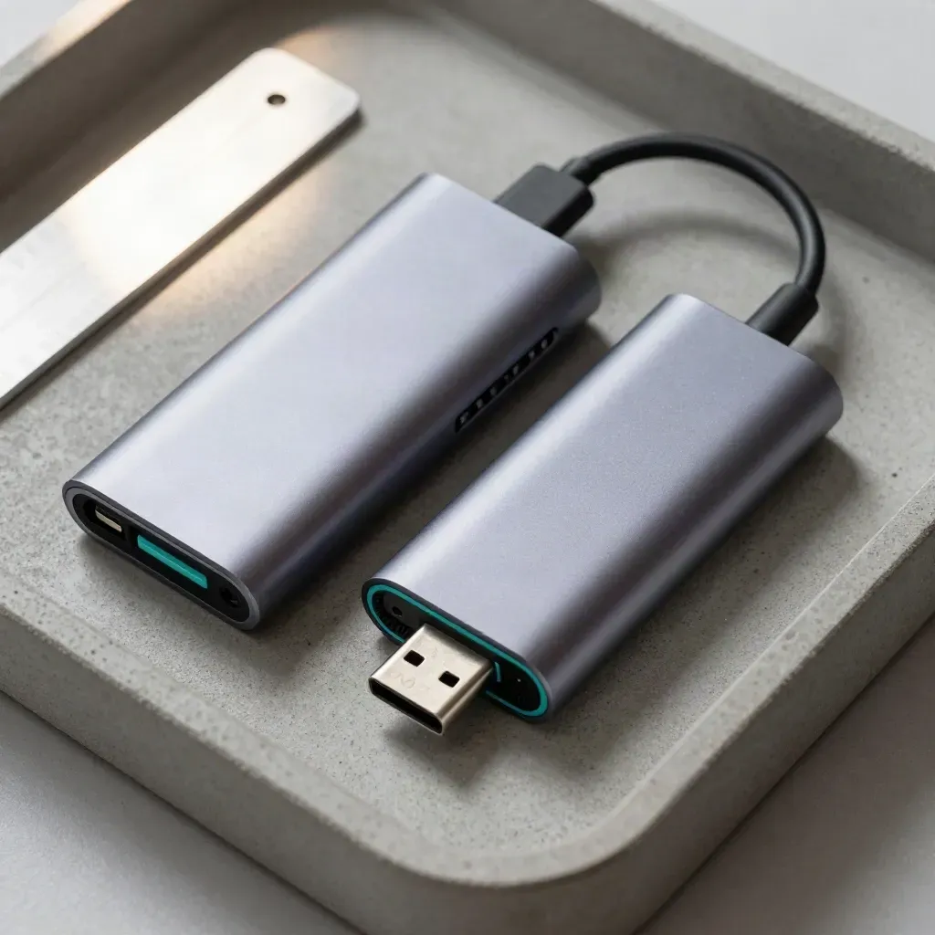 Top-down macro of a storage cartridge, USB-C hub, and adapter sleeve on concrete.