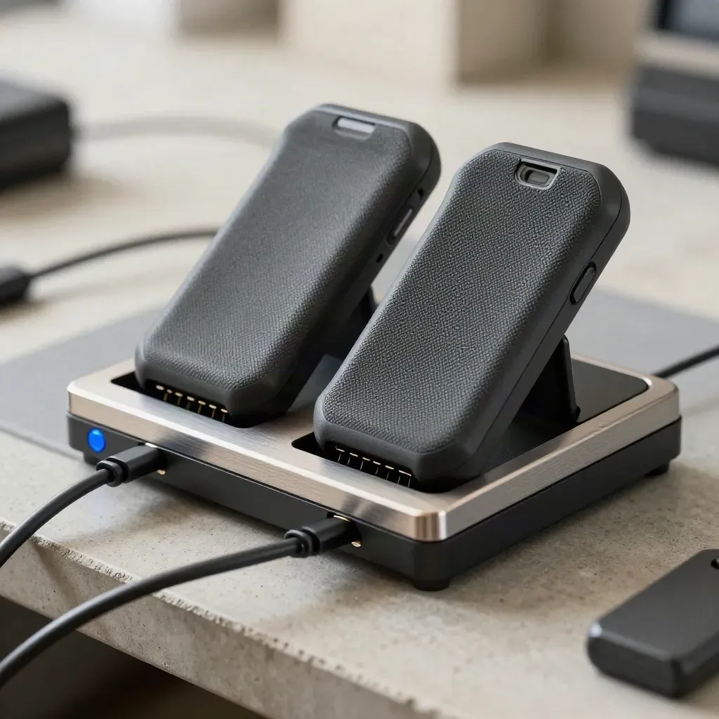Rugged handset backs on a pogo-pin dock beside an anti-static mat, seen through a cable loop.