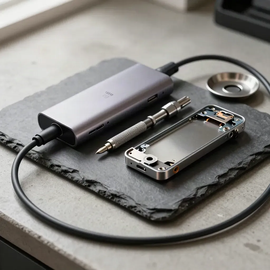 USB-C debug hub, precision drivers, and a phone chassis on a concrete repair bench.
