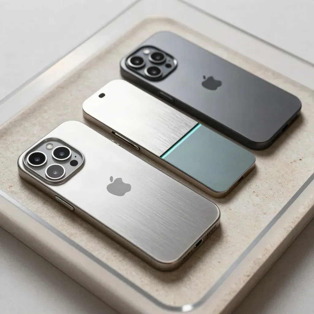 Prototype handset shells and anodized backplates on stone, with a teal sample strip in a tight top-down crop