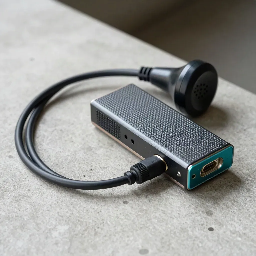 Braided debug cable, adapter hub and handset chassis on concrete with a teal accent