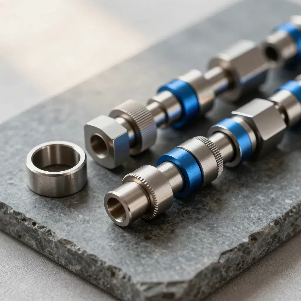 Macro still life of machined rings, connector blocks, and a precision coupler on stone.