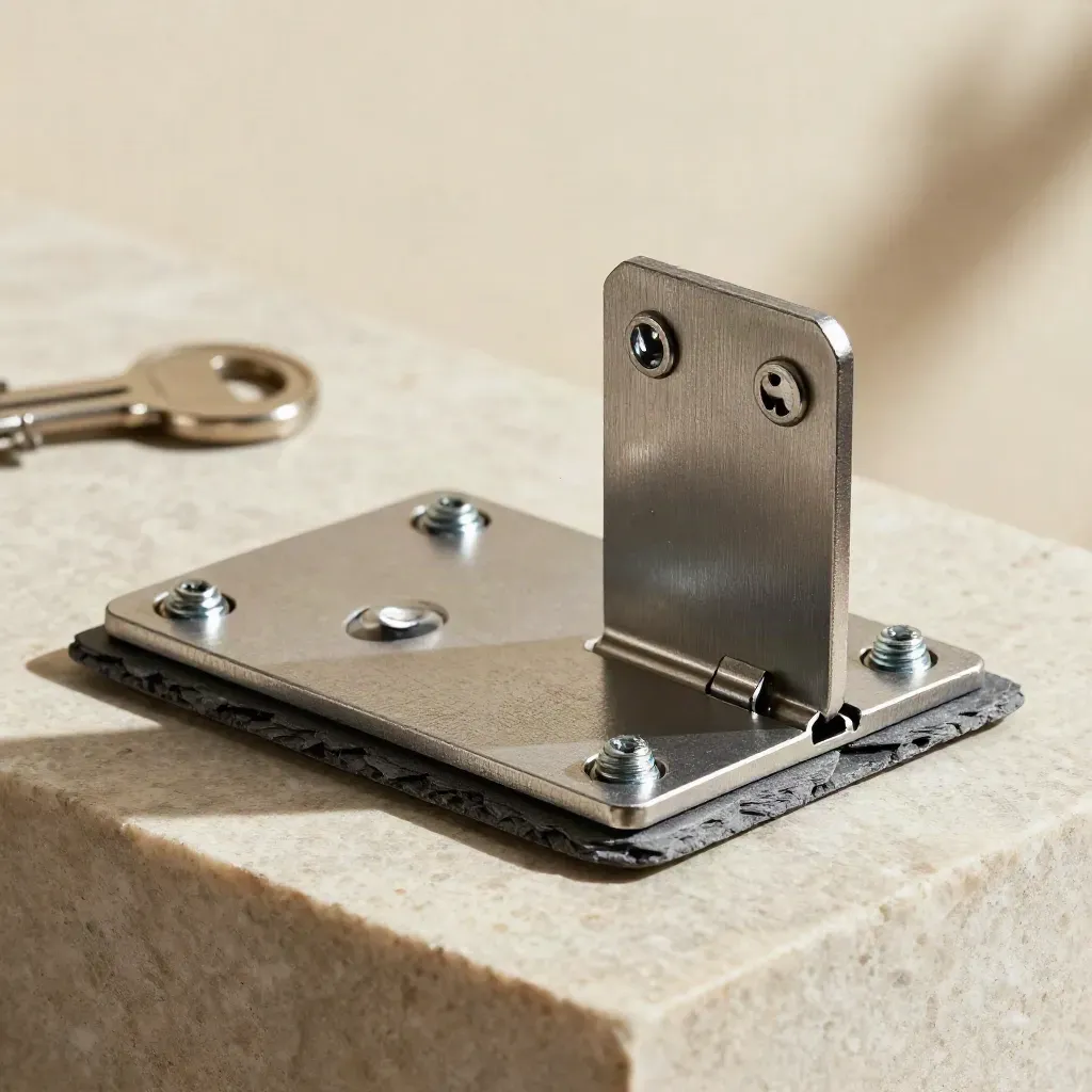 Milled steel brackets and a linked hinge pin nested on limestone, lit in dramatic studio light.