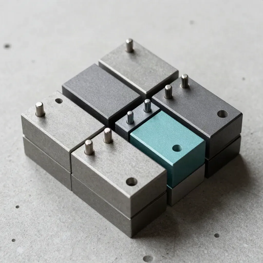 Top-down modular blocks and alignment pins on concrete, with a subtle teal accent.