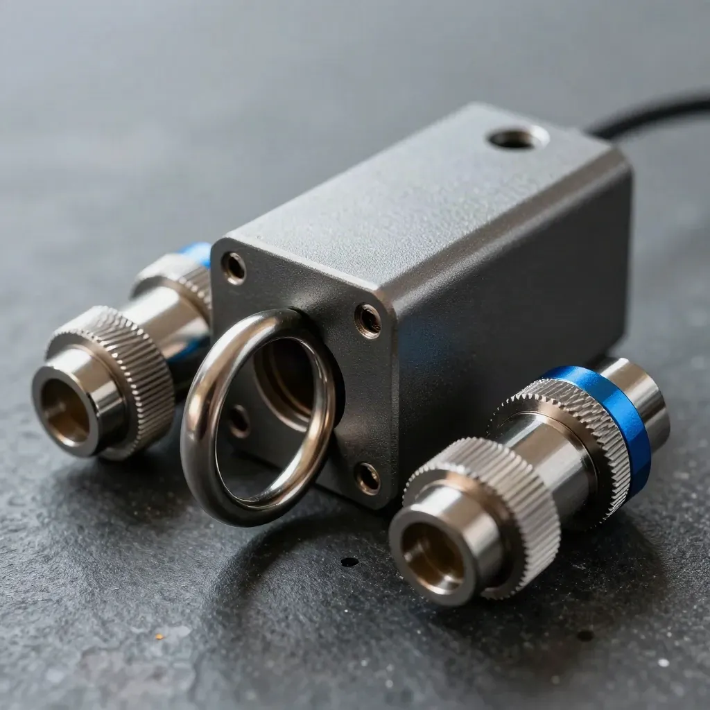 Graphite relay housing, linked ring, and blue-accent connector on dark stone