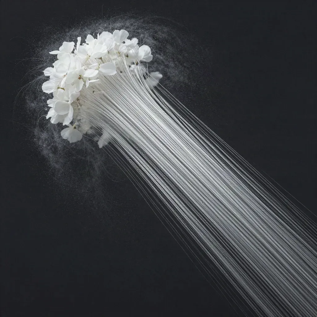 Silver filaments bloom in graphite space with a calm empty lower-third copy zone.